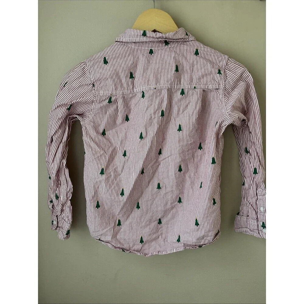 Boys Christmas Tree Button Up Shirt Size 7/8 Red Striped Poplin Long Sleeve